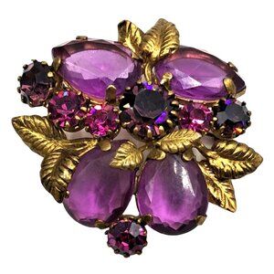 Austria Rhinestone Brooch Pink Purple Gold Tone Leaves Pin Vintage Costume Jewel